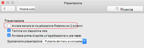 Nella finestra di dialogo Presentazione deselezionare la casella di controllo Avvia sempre visualizzazione Relatore con 2 schermi.