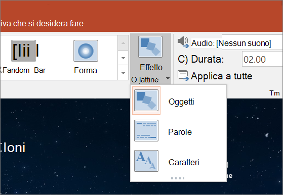 Opzioni degli effetti per la transizione Morphing in PowerPoint 2016