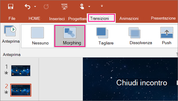 Transizione Morphing nel menu Transizioni di PowerPoint 2016