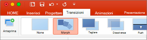 Transizione Morphing nel menu Transizioni di PowerPoint 2016 per Mac