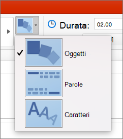 Opzioni effetto per la transizione Morphing in PowerPoint 2016 per Mac