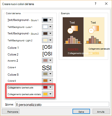 Scegliere i colori per i collegamenti ipertestuali e i collegamenti ipertestuali seguiti