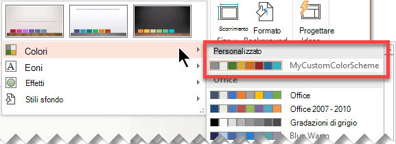 Dopo aver definito una combinazione di colori personalizzata, questa verrà visualizzata nel menu a discesa Colori