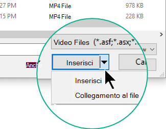 Nella finestra di dialogo Inserisci video scegliere tra Inserisci, ossia Incorpora, o Collega al file.