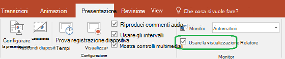 La scheda Presentazione in PowerPoint ha una casella di controllo per specificare se la visualizzazione Relatore viene usata quando si mostra la presentazione ad altri utenti.