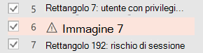 Accanto a un elemento che richiede testo alternativo viene visualizzato un simbolo di avviso.