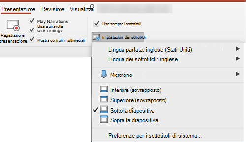 Le impostazioni per didascalie e sottotitoli si trovano nella scheda Presentazione di PowerPoint.