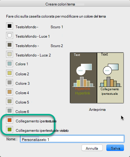 Scegliere i colori per i collegamenti ipertestuali e i collegamenti ipertestuali seguiti