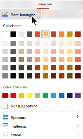 Il menu Bordi immagine include opzioni per colore, spessore e stile di linea.