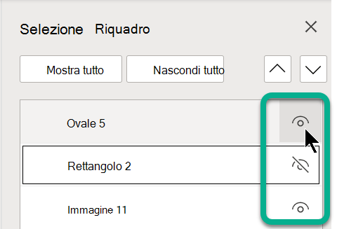 Nel riquadro di selezione usare il simbolo dell'occhio a destra di qualsiasi oggetto per visualizzarlo o nasconderlo.