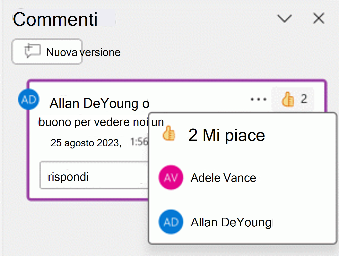 Screenshot di una reazione con pollice in su a un commento