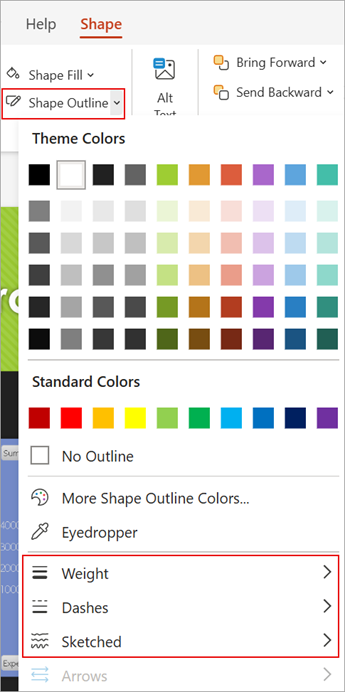 Screenshot che mostra le opzioni di Contorno forma nella scheda Forma in PowerPoint per il web.