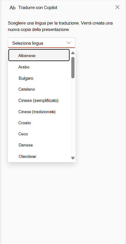 Menu a discesa Traduci per la selezione della lingua