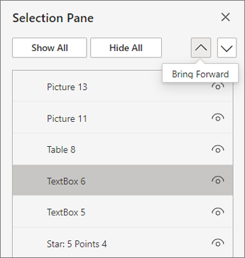 Riquadro di selezione con l'opzione Porta avanti selezionata