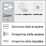 Mostra diversi tipi di anteprime che è possibile selezionare quando si passa a Inserisci > anteprima: Sommario delle anteprime, Anteprima diapositiva e Anteprima sezione.