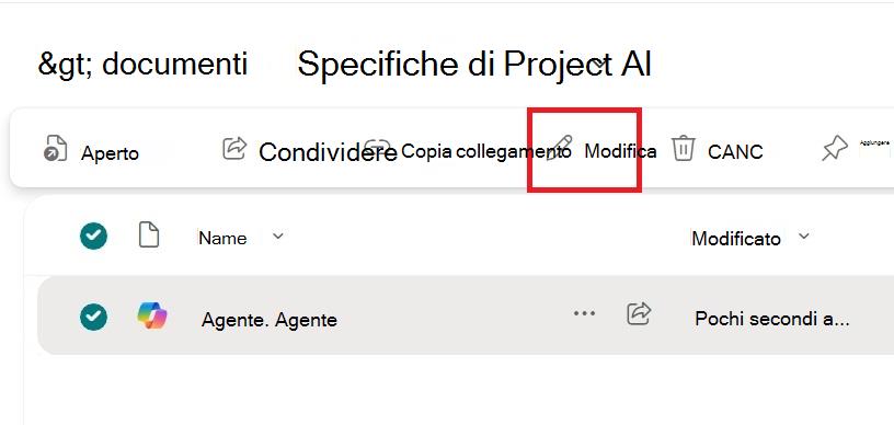 Screenshot che mostra l'opzione di modifica dal menu di scelta rapida di un file agente.