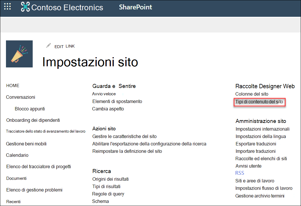 Opzione Tipi di contenuto del sito nella finestra di dialogo Impostazioni sito.