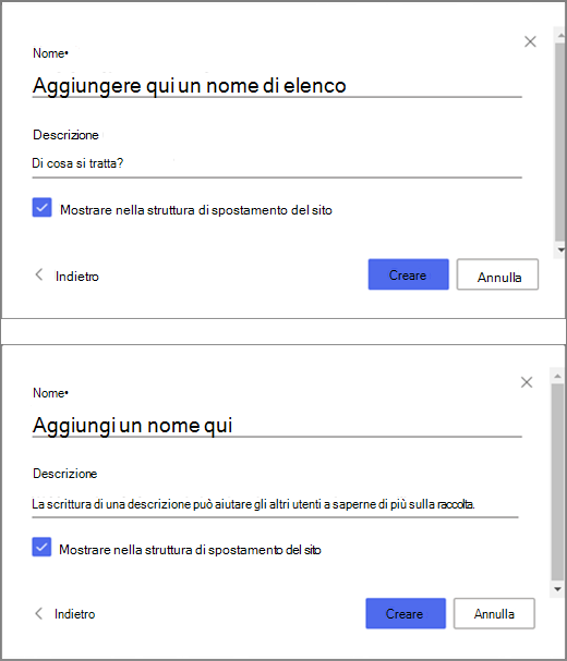 La parte superiore dell'immagine è una finestra per l'immissione di informazioni per un elenco vuoto, mentre la parte inferiore è una finestra per la creazione di una raccolta documenti.