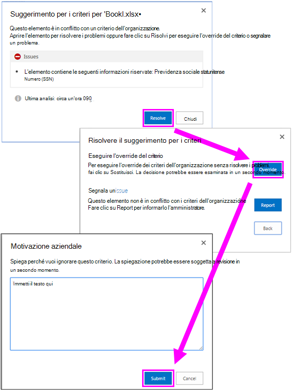 Override di un suggerimento per i criteri