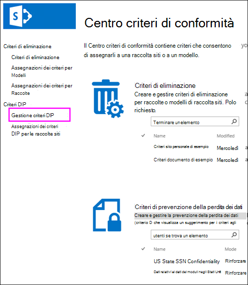 Opzione Gestione criteri