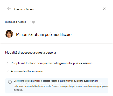 Finestra di dialogo Riepilogo di Access che mostra i dettagli delle autorizzazioni per il file per una persona.