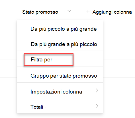 screenshot di Filtro per stato  promosso