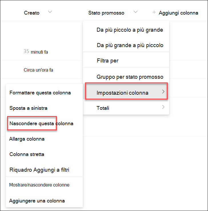 screenshot che mostra come nascondere una colonna