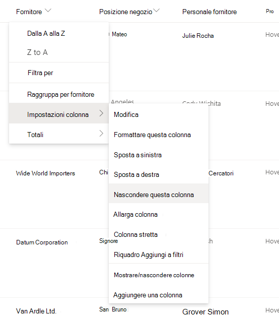 Impostazioni colonna > Opzione Nascondi colonna quando è selezionata un'intestazione di colonna in un elenco o una raccolta moderna di SharePoint