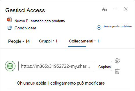 Screenshot che mostra la finestra di dialogo Gestisci accesso con la scheda collegamenti aperta.