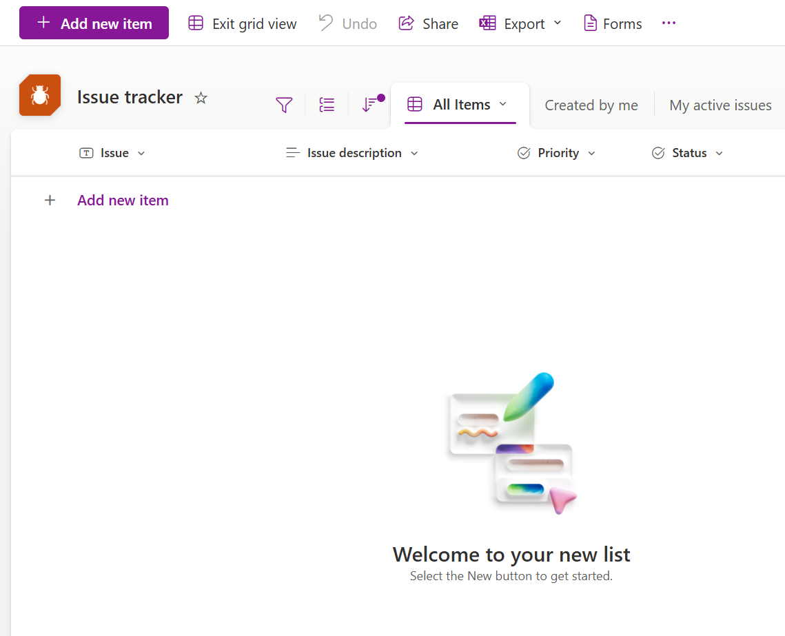 Screenshot di un nuovo elenco creato dal modello di gestione dei problemi
