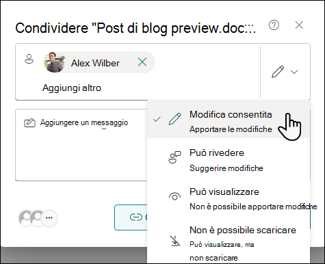 Selezionare un'impostazione delle autorizzazioni per le persone invitate a condividere un documento