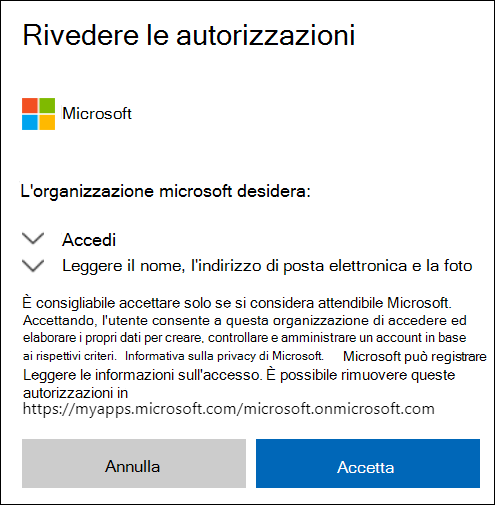 Finestra Autorizzazione condivisione esterna di OneDrive.