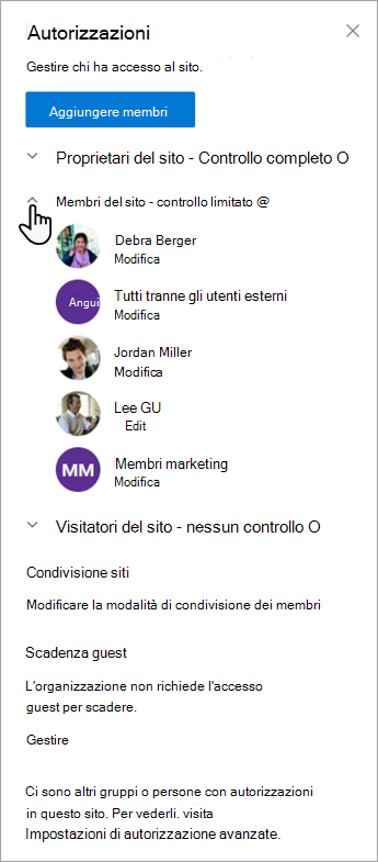 Finestra di dialogo Autorizzazioni che consente di gestire i membri e i relativi livelli di autorizzazione.