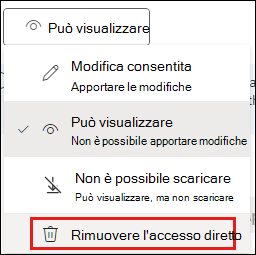 Screenshot delle autorizzazioni di condivisione con l'opzione Rimuovi accesso diretto evidenziata.