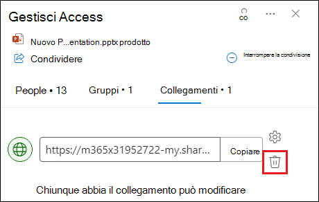 Screenshot che mostra la finestra di dialogo Gestisci accesso con la scheda collegamento aperta. Pulsante Rimuovi collegamento evidenziato.