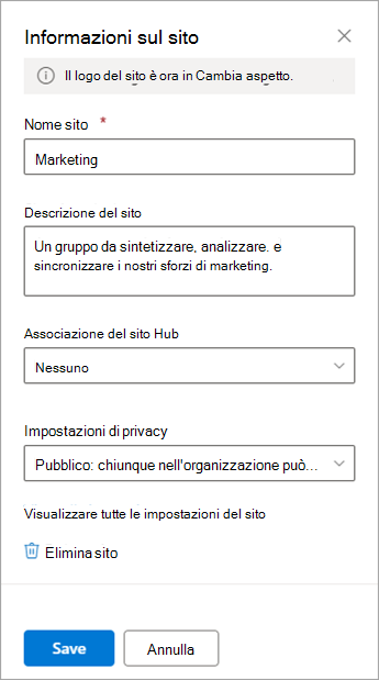 Opzioni delle impostazioni di Informazioni sito per un sito del team.