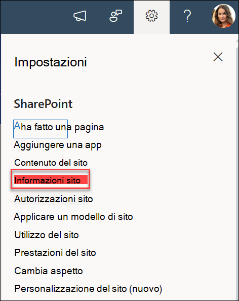 Opzione Informazioni sito nella finestra di dialogo Impostazioni.
