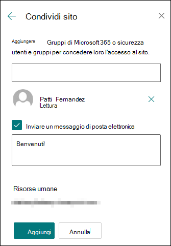 Anteprima del pannello delle autorizzazioni di Condividi sito