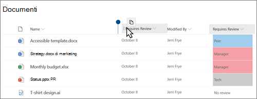 Una raccolta documenti nella visualizzazione moderna di SharePoint Online, che mostra una colonna trascinata da una posizione a un'altra