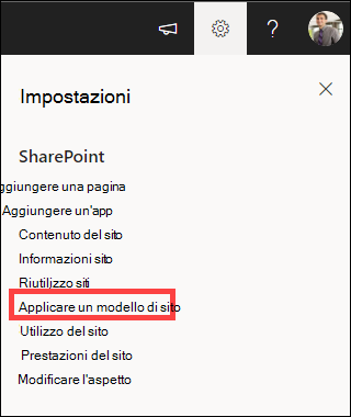 Impostazioni con Applica modello di sito evidenziato.