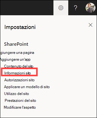 Riquadro Impostazioni aperto con le informazioni del sito evidenziate.