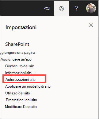 Impostazioni con Autorizzazioni sito evidenziato.
