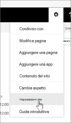 Opzione Impostazioni sito nel pulsante Impostazioni
