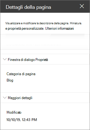 Riquadro dei dettagli della pagina con categoria Pagina del blog