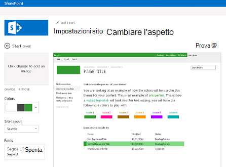 Esempio di schermata usata per cambiare tipo di carattere, colore e layout del sito