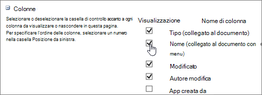 Finestra di dialogo Selezione colonna