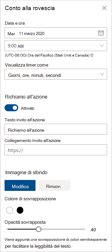 Impostazioni del timer conto alla rovescia