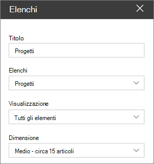 Impostazioni della web part Elenco