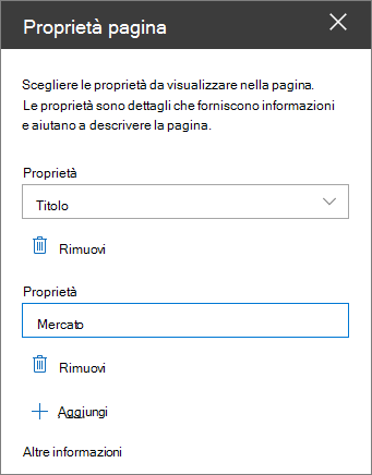 Riquadro web part Proprietà pagina