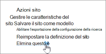 Menu Impostazioni sito con il comando Elimina sito evidenziato